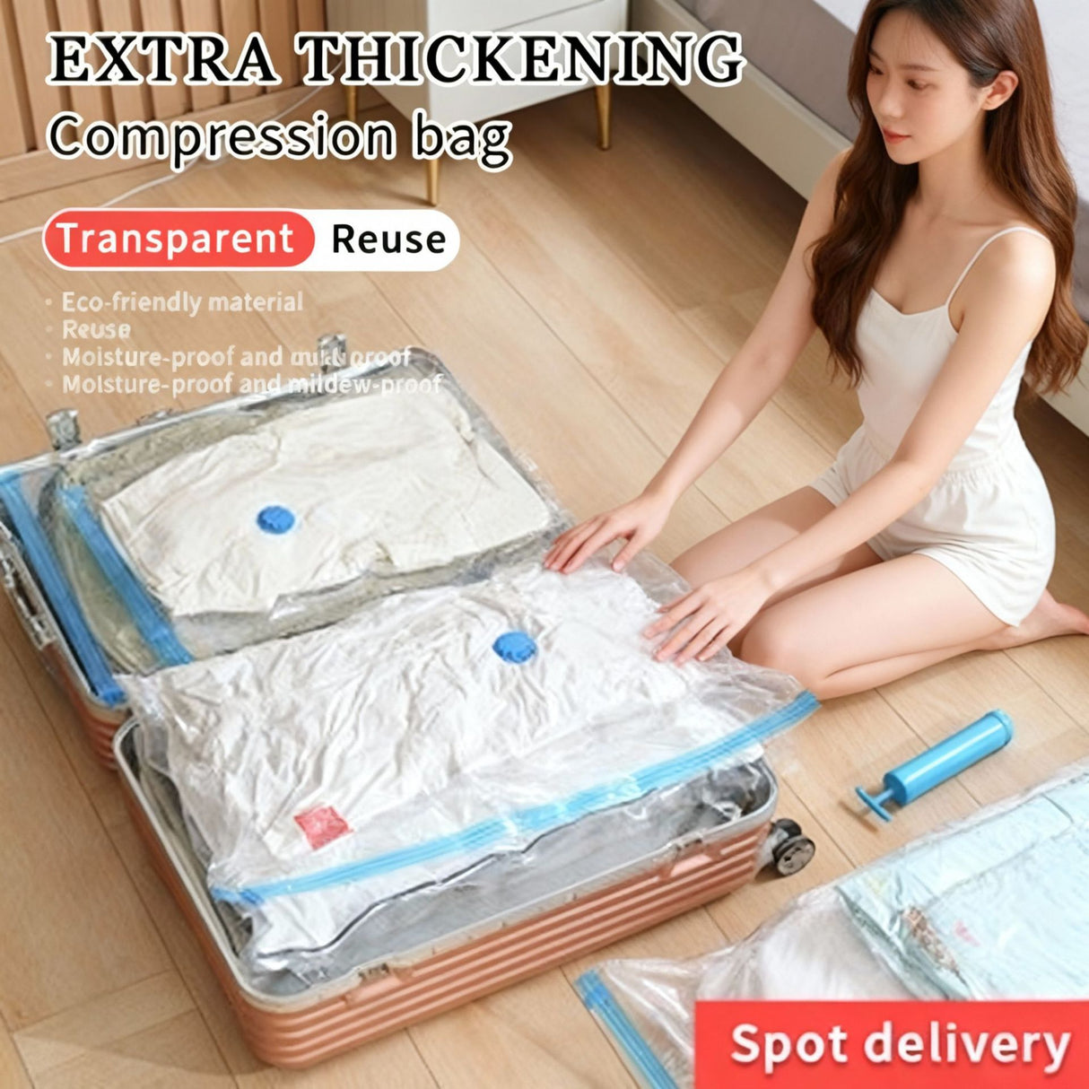 Vacuum Compression Storage Bags 7 Piece Set (6 Bags + Hand Pump) for Clothes Quilts Travel