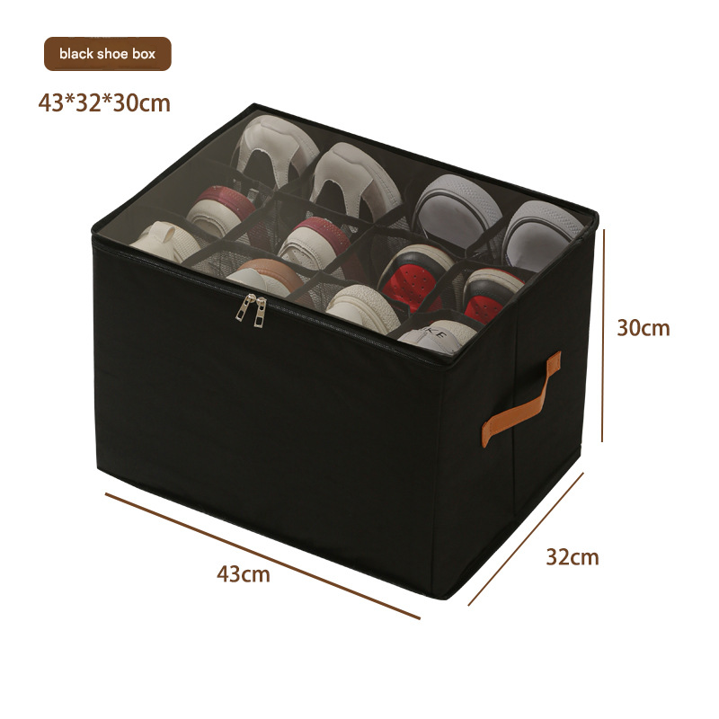 Black Foldable Fabric Shoe Storage Box with Compartments Dustproof Moistureproof