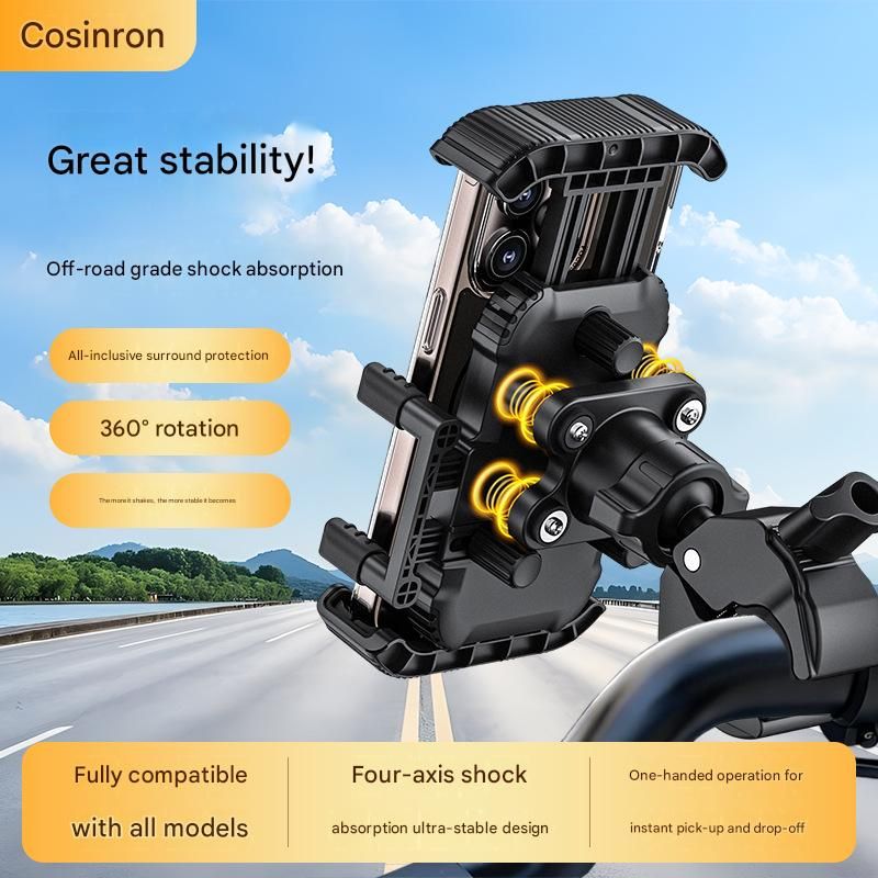 Black Motorcycle Phone Holder 4-Axis Shockproof Anti-Shake Mount for Navigation