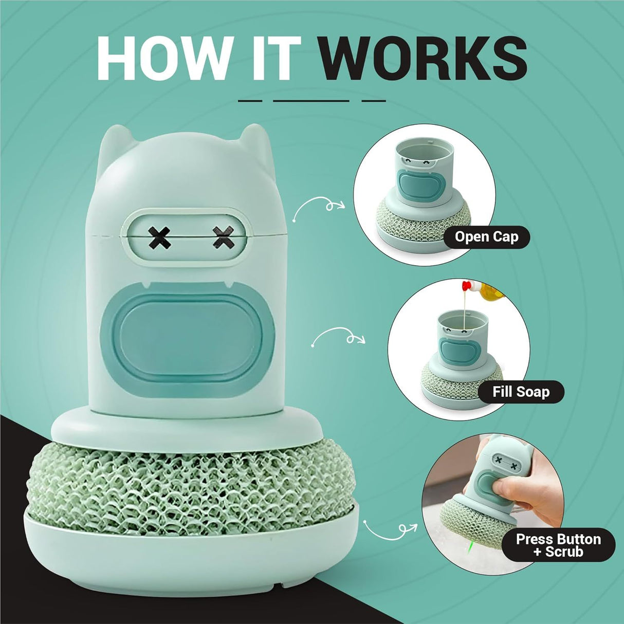 Green Cartoon Press Dishwashing Brush with Replaceable Sponge Heads Kitchen Pot Cleaner