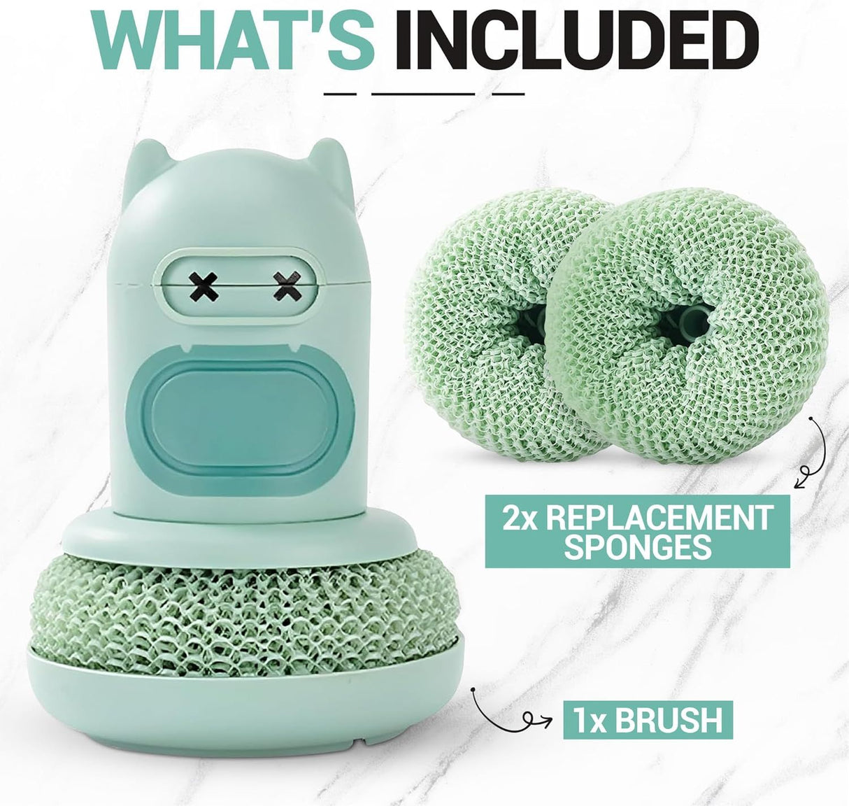 Green Cartoon Press Dishwashing Brush with Replaceable Sponge Heads Kitchen Pot Cleaner