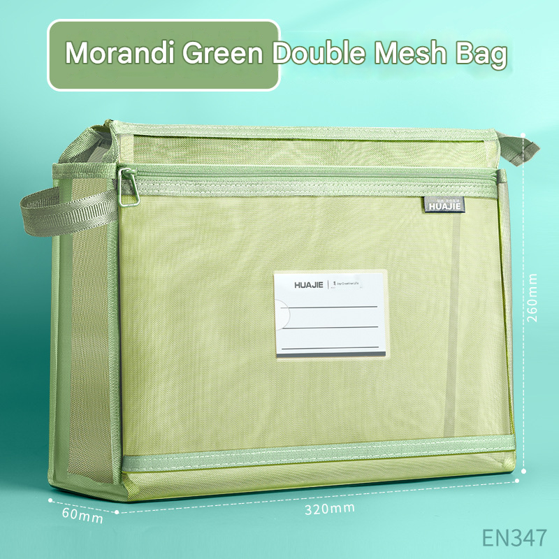 Morandi Green Double Layer Mesh File Bag with Handle Large Capacity Student Subject Organizer