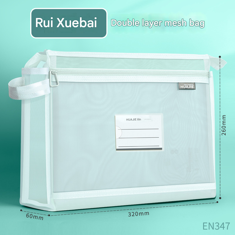 White Double Layer Mesh File Bag with Handle Large Capacity Student Subject Organizer