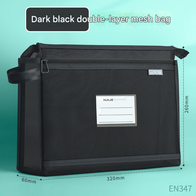 Black Double Layer Mesh File Bag with Handle Large Capacity Student Subject Organizer