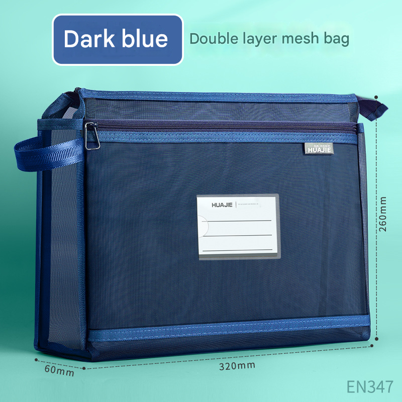 Dark blue Double Layer Mesh File Bag with Handle Large Capacity Student Subject Organizer