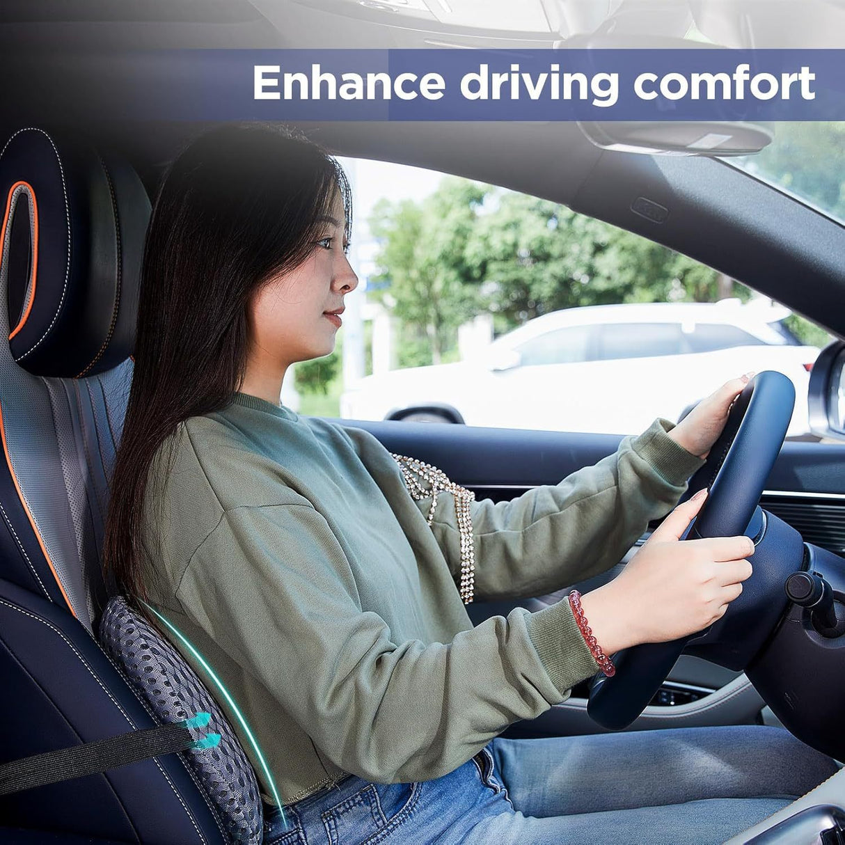 Black Ergonomic Memory Foam Lumbar Support Pillow and Back Cushion - Big Ear Contoured Design, Breathable Cover & Adjustable Strap for Office Car Seats, 17.9 x 10.23 x 4.33"