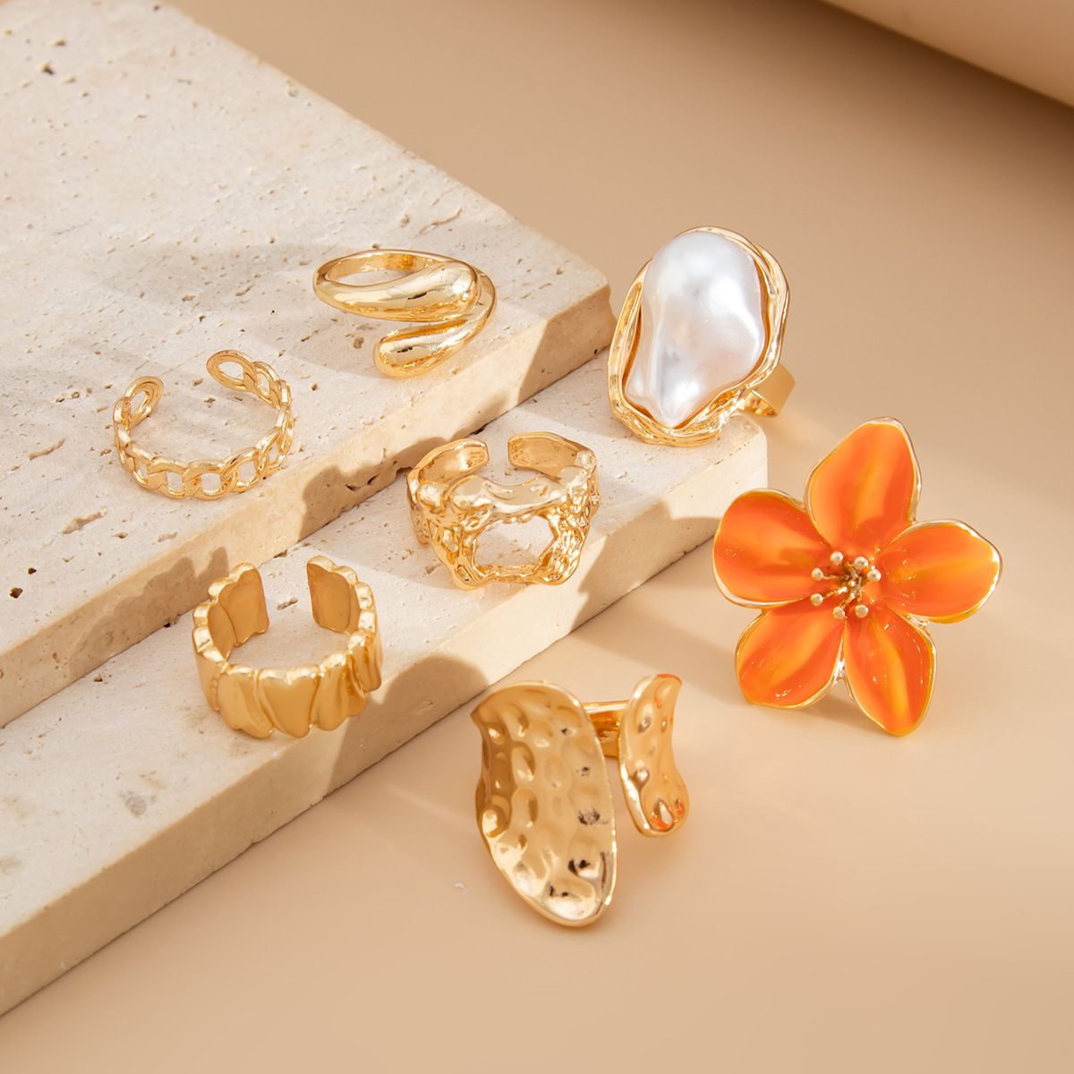 7-Piece Orange Liquid Lava Flower Stacking Open Rings Set with Imitation Pearls & Geometric Dripping Oil - Hollow Joint Knuckle Ring for Women