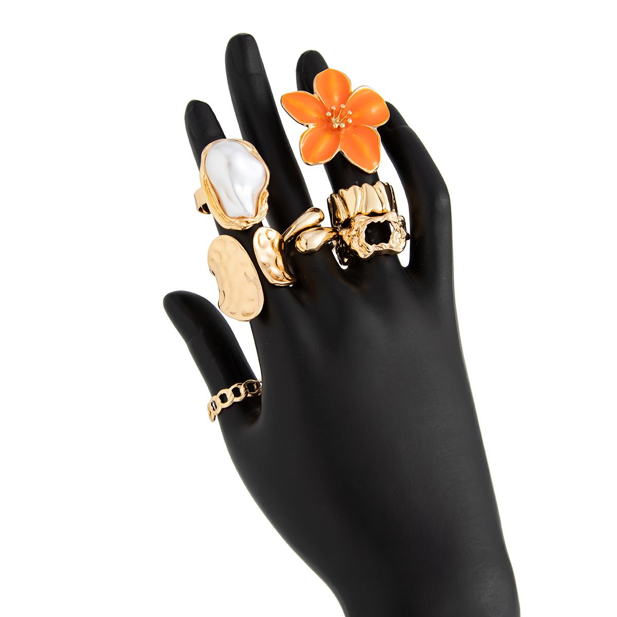 7-Piece Orange Liquid Lava Flower Stacking Open Rings Set with Imitation Pearls & Geometric Dripping Oil - Hollow Joint Knuckle Ring for Women