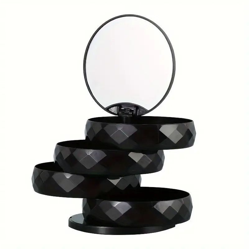 2-Pack 4-Tier Rotating Jewelry Organizer Box with Adjustable Mirror & Diamond Cut Design – Compact 360° Swivel Earring Stud Necklace Storage Box for Vanity Countertop, 10 x 10cm, Black