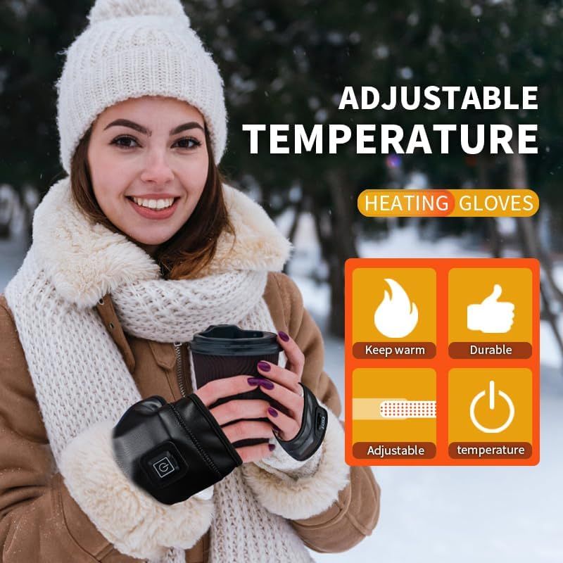 1 Pairs Wireless Electric 3 Levels Heated Fingerless Gloves with Windproof Waterproof PU Leather, USB-C Rechargeable Outdoor Activities Hand Warmer for Men Women Riding Home Office
