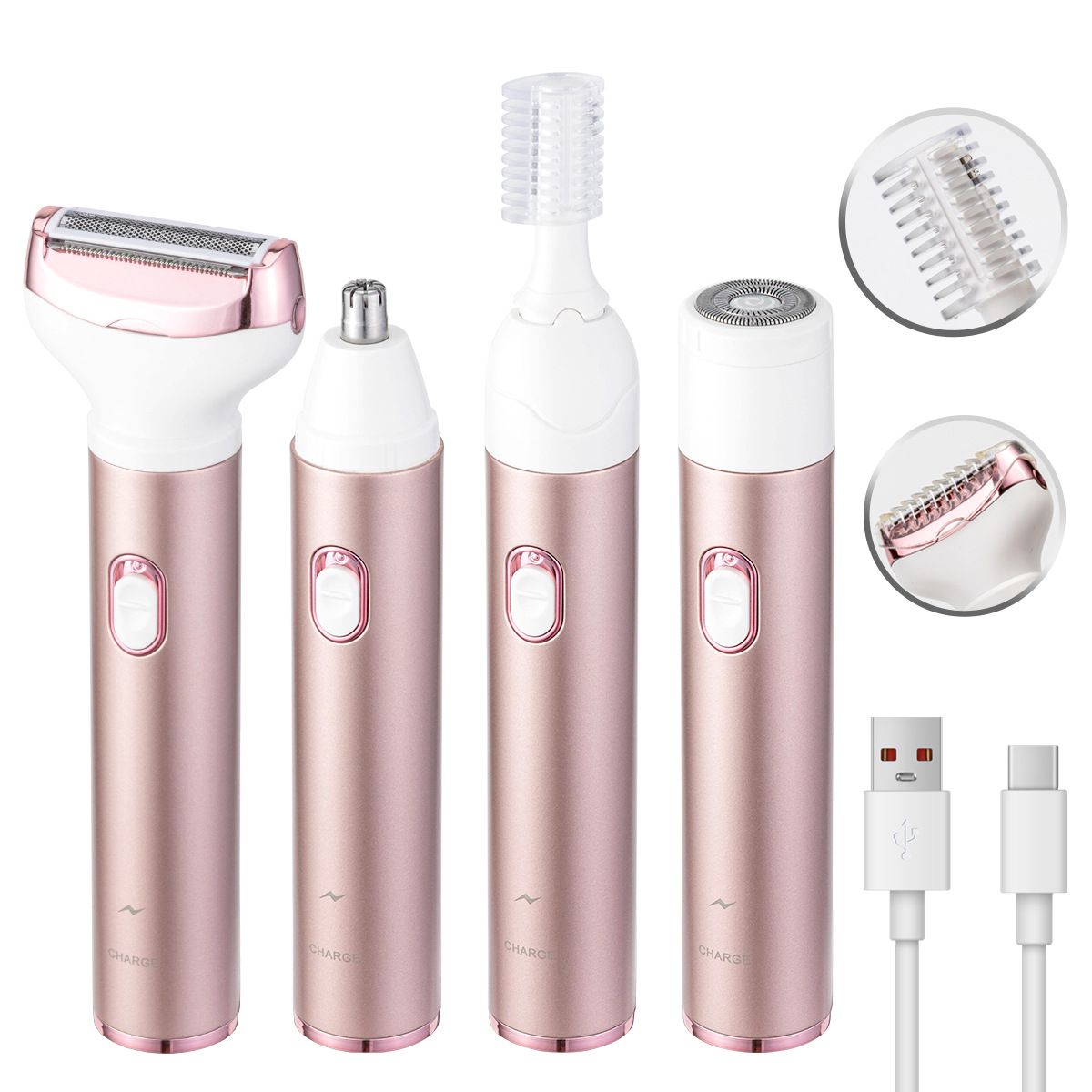 4-in-1 Rose Gold Electric Women's Shaver and Trimmer Kit – Waterproof Wet & Dry Epilator for Bikini Line, Underarms, Eyebrows and Nose Hair