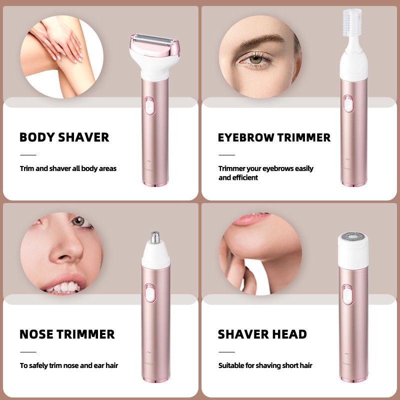 4-in-1 Rose Gold Electric Women's Shaver and Trimmer Kit – Waterproof Wet & Dry Epilator for Bikini Line, Underarms, Eyebrows and Nose Hair