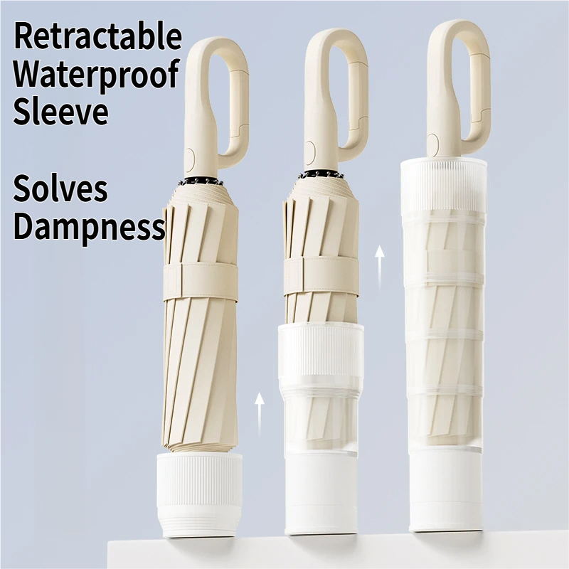 Beige Foldable Automatic Open Umbrella with Retractable Waterproof Sleeve, Clip Handle and Winproof Dual Rib - Lightweight Rain Sun Umbrella, Large Diameter 105cm, Compact 37cm Storage, Flower Pattern Appears When Wet