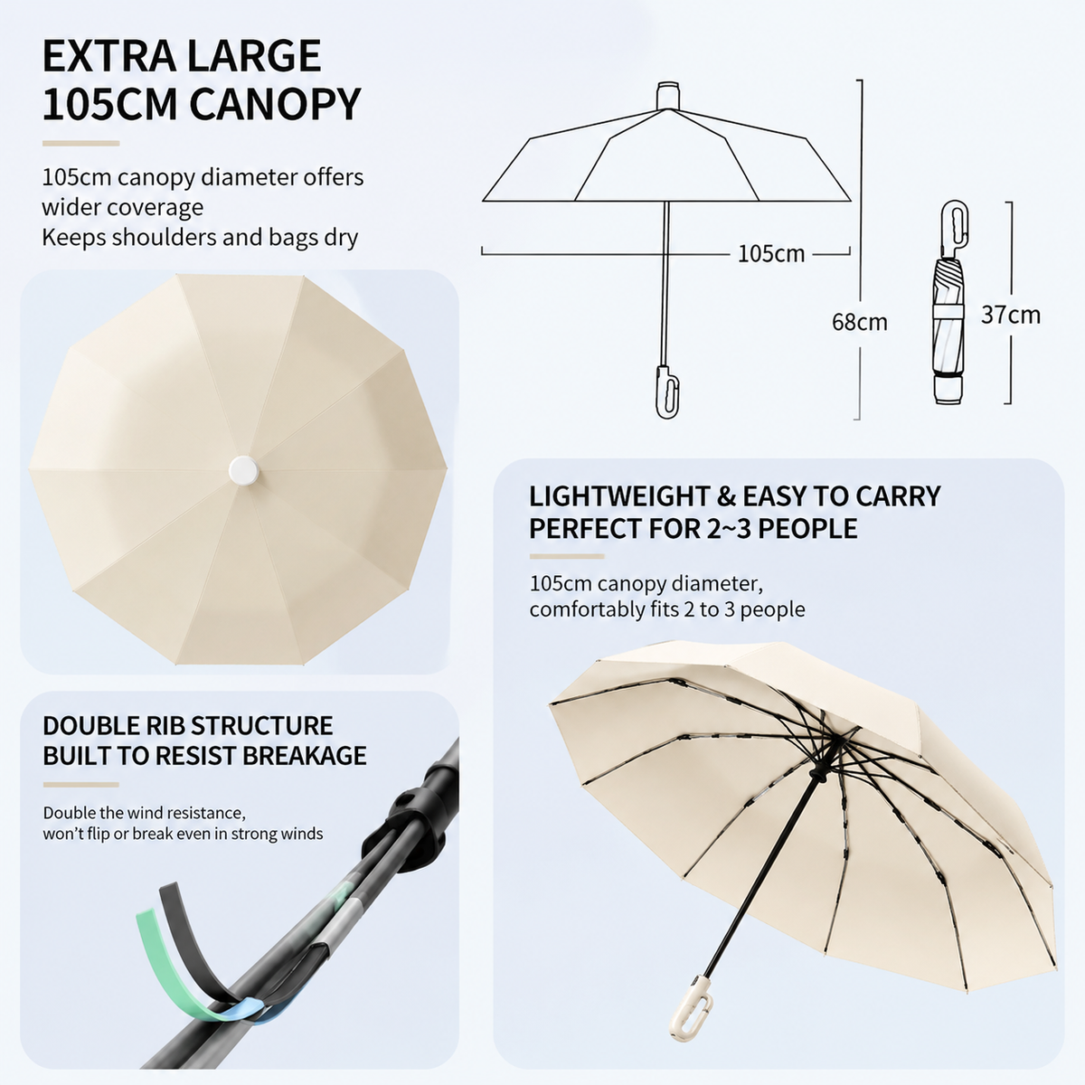 Beige Foldable Automatic Open Umbrella with Retractable Waterproof Sleeve, Clip Handle and Winproof Dual Rib - Lightweight Rain Sun Umbrella, Large Diameter 105cm, Compact 37cm Storage, Flower Pattern Appears When Wet