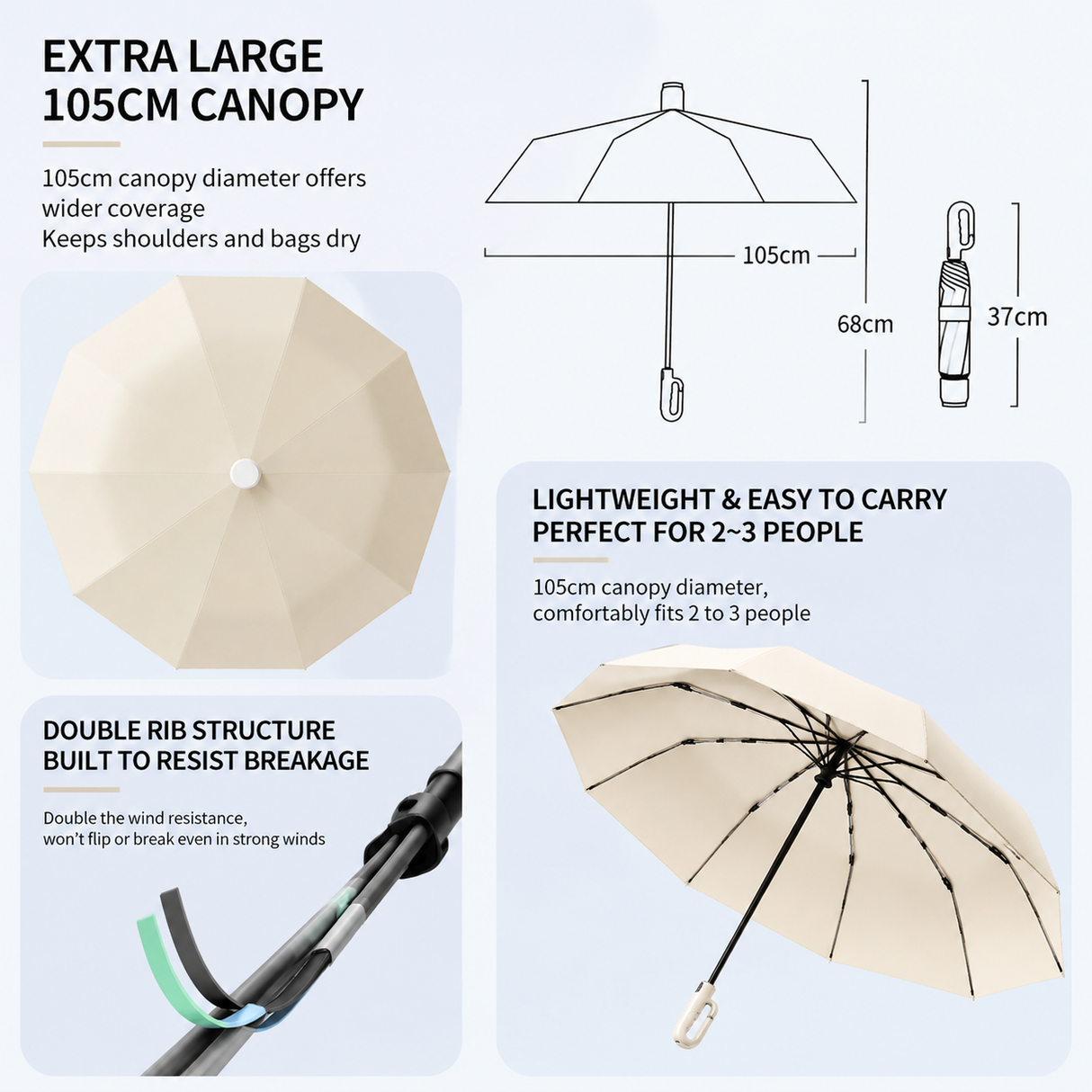 Macha Green Foldable Automatic Open Umbrella with Retractable Waterproof Sleeve, Clip Handle and Winproof Dual Rib - Lightweight Rain Sun Umbrella, Large Diameter 105cm, Compact 37cm Storage, Flower Pattern Appears When Wet