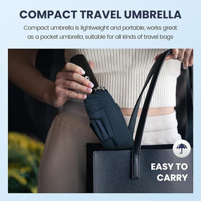 46 inch Black Windproof Automatic Travel Folding Umbrella and Black Absorbent Hanging Storage Pouch Set – Compact 3-Fold Auto Open Close Umbrella wth Double Canopy and 10 Reinforced Ribs for Rain & Sun Outdoor Use