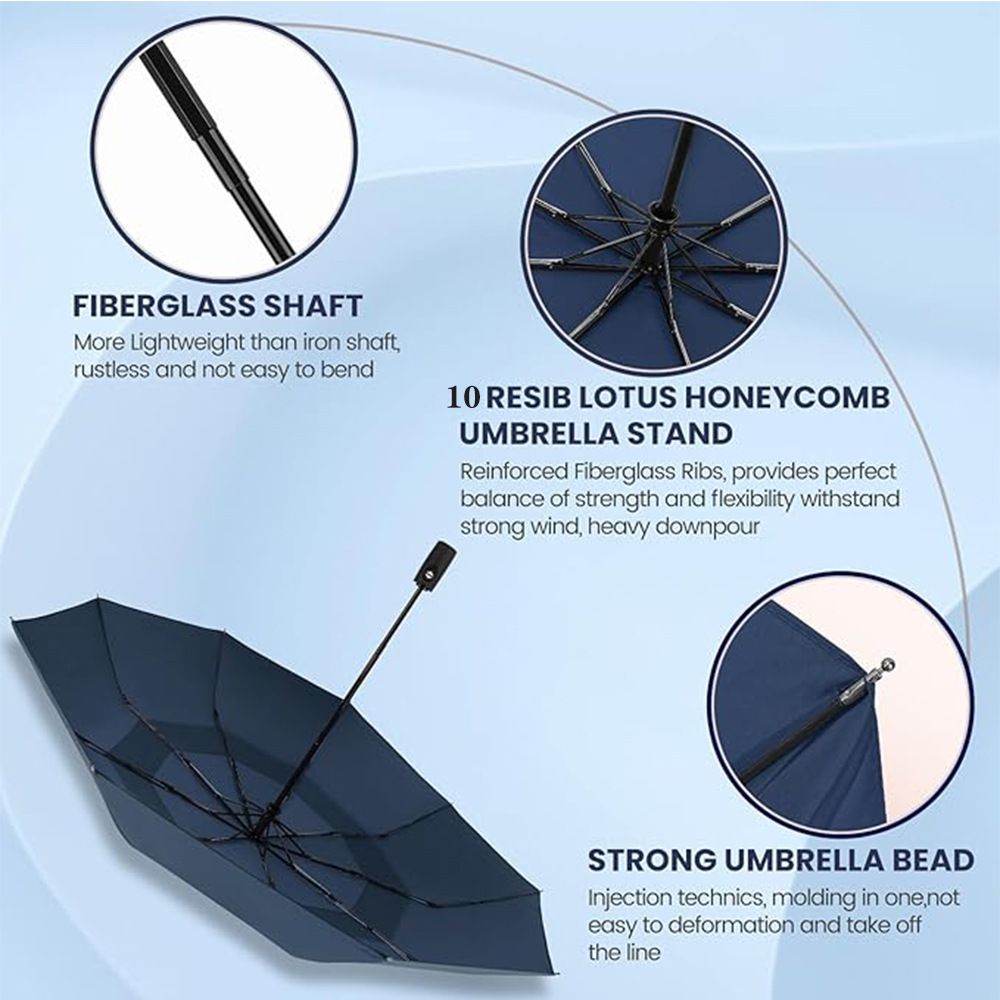 46 inch Navy Blue Windproof Automatic Travel Folding Umbrella and Black Absorbent Hanging Storage Pouch Set – Compact 3-Fold Auto Open Close Umbrella wth Double Canopy and 10 Reinforced Ribs for Rain & Sun Outdoor Use