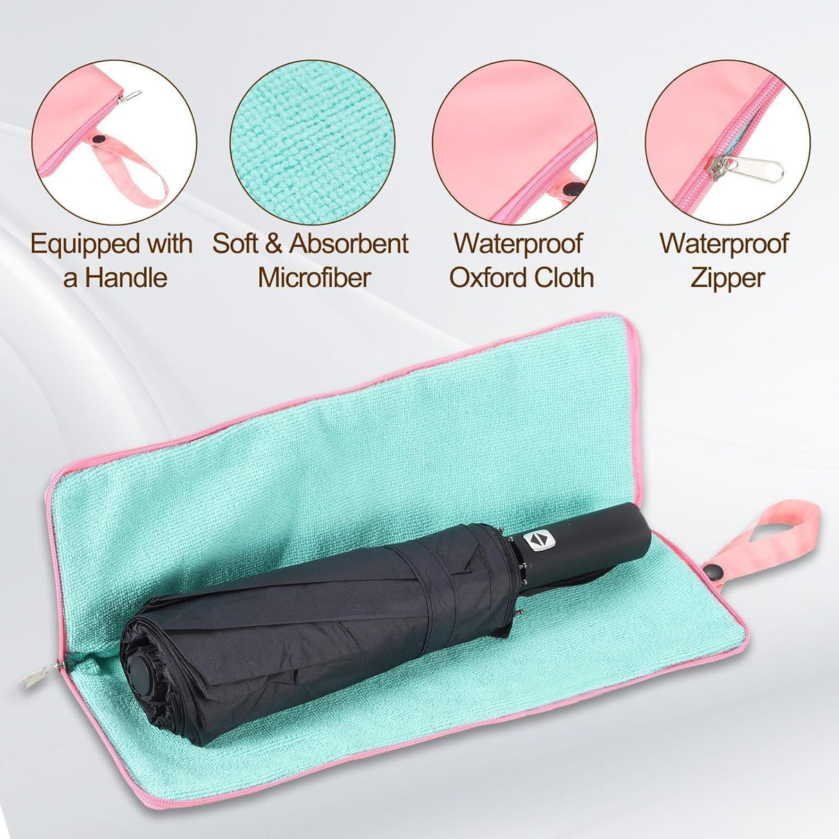 46 inch Wine Red Windproof Automatic Travel Folding Umbrella and Black Absorbent Hanging Storage Pouch Set – Compact 3-Fold Auto Open Close Umbrella wth Double Canopy and 10 Reinforced Ribs for Rain & Sun Outdoor Use