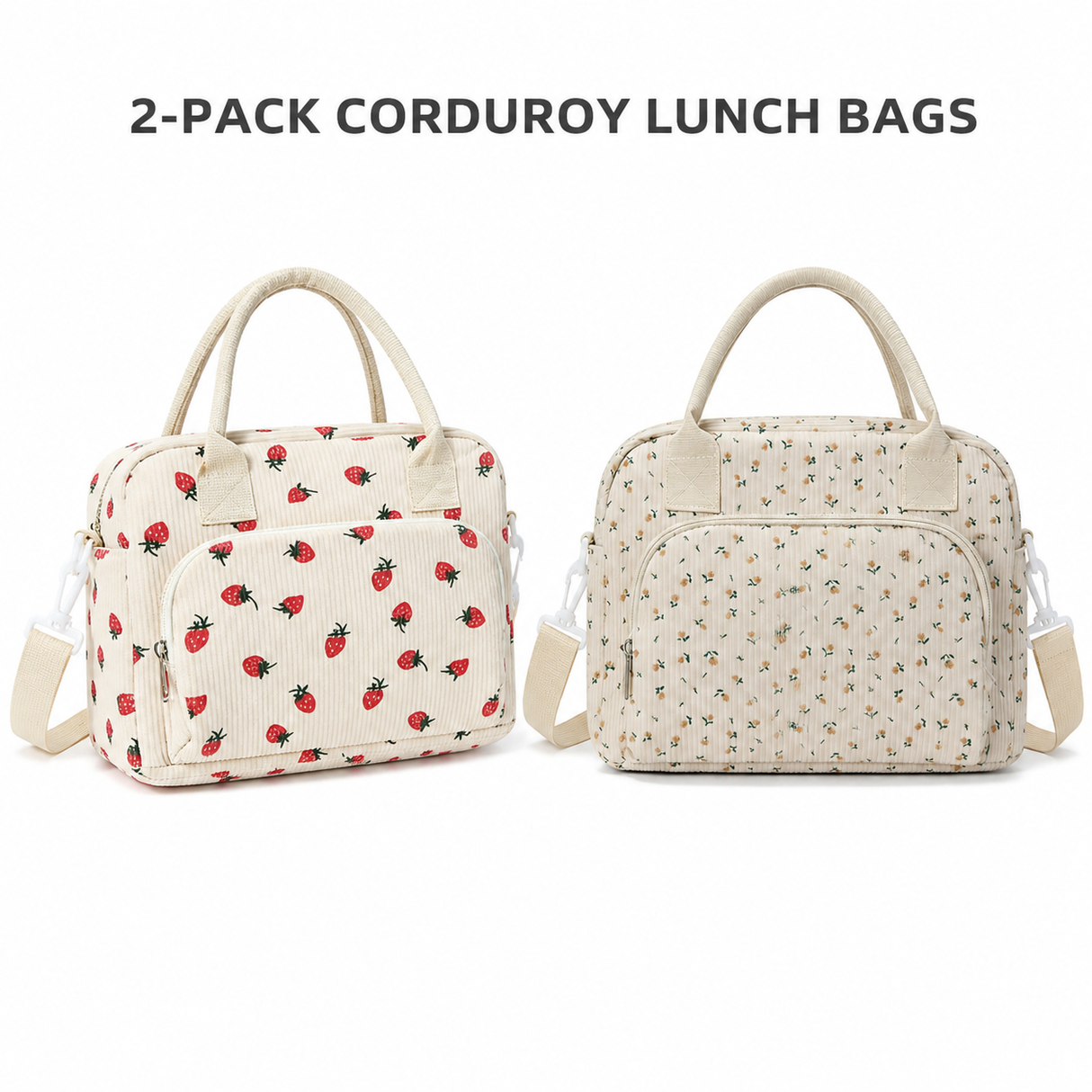 2-Pack Strawberry & Beige Floral Print Soft Corduroy Insulated Lunch Bag for Women and Students - Large Capacity Thermal Lunch Tote with Shoulder Strap, Front Zip Pocket and Side Bottle Holder 11.4 x 9 6.7 inch
