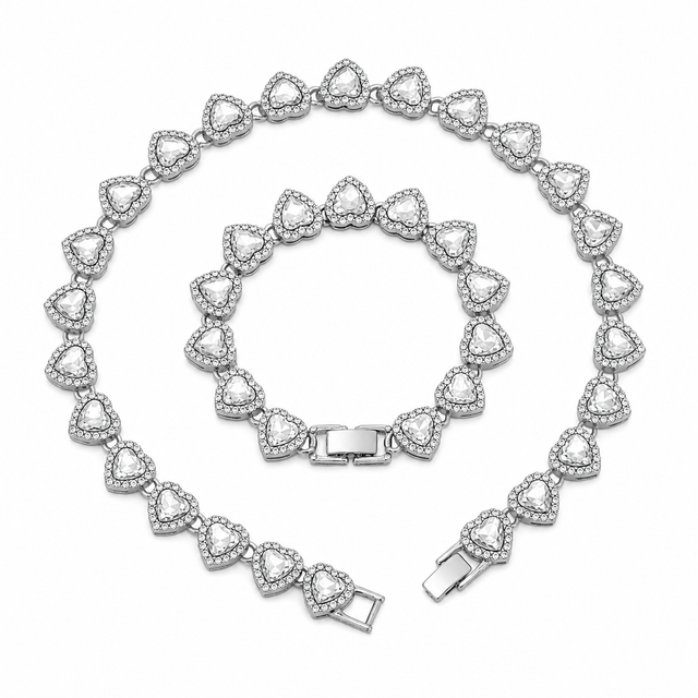 Silver-Plated Heart Rhinestone Cuban Link 18 inch Tennis Necklace and 7 inch Tennis Bracelet Set for Women, Crystal Heart Chain Fashion Jewelry Accessories with Gift Box