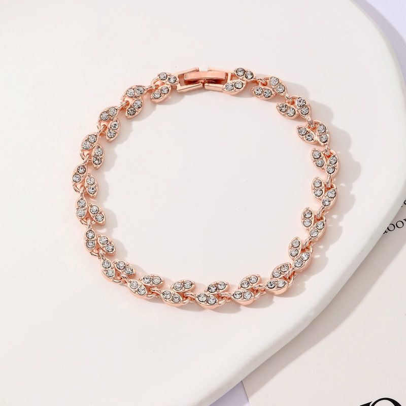 2 Pack Gold and Rose Gold Women's Crystal Leaf Bracelets with Gift Box – Elegant Rhinestone Alloy Link Bracelet, Minimalist Fashion Jewelry Gift for Women