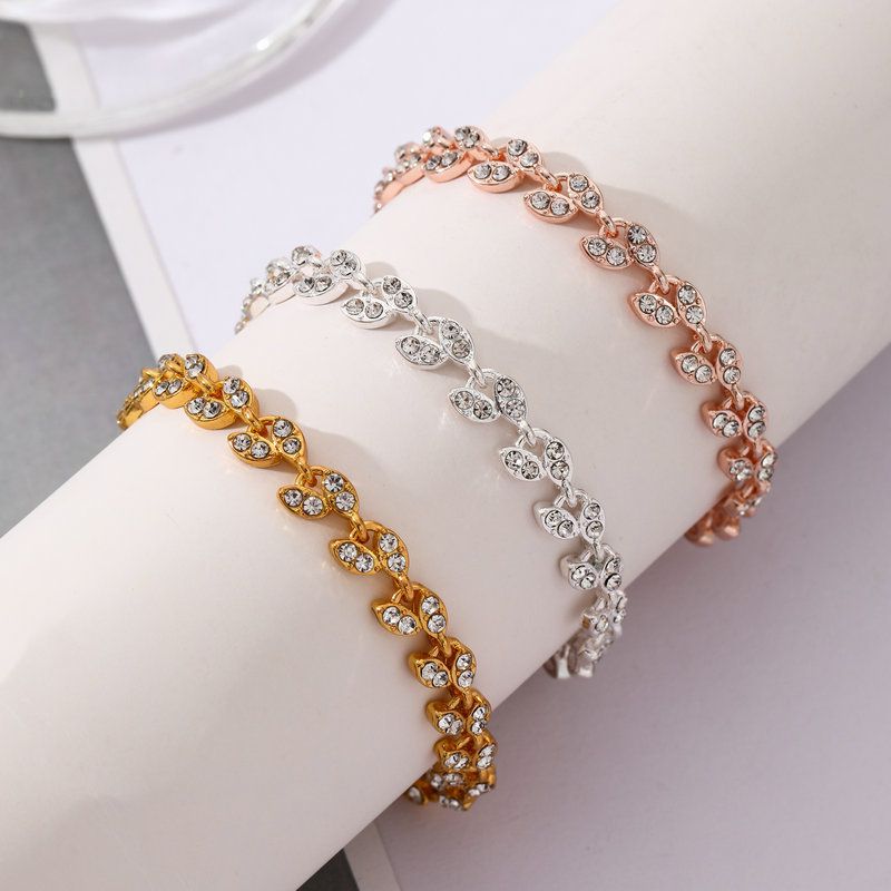 3 Pack Silver Gold and Rose Gold Women's Crystal Leaf Bracelets with Gift Box – Elegant Rhinestone Alloy Link Bracelet, Minimalist Fashion Jewelry Gift for Women