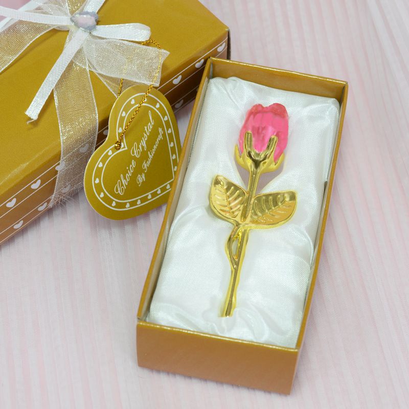 2 Set of Pink Crystal Rose Flower with Gold Gift Box and Gold Plated Stem Leaf – Elegant Crystal & Metal Rose Ornament | Wedding Party Gift, Valentine's Day & Anniversary Keepsake
