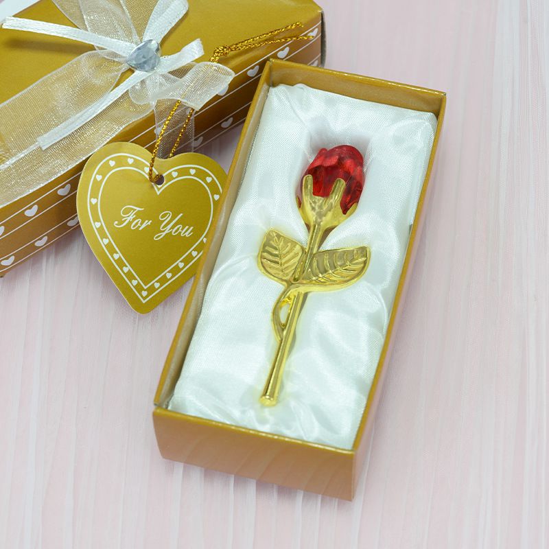 2 Set of Red Crystal Rose Flower with Gold Gift Box and Gold Plated Stem Leaf – Elegant Crystal & Metal Rose Ornament | Wedding Party Gift, Valentine's Day & Anniversary Keepsake