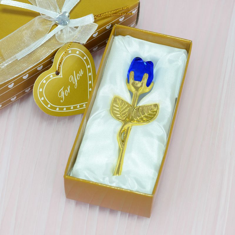 2 Set of Blue Crystal Rose Flower with Gold Gift Box and Gold Plated Stem Leaf – Elegant Crystal & Metal Rose Ornament | Wedding Party Gift, Valentine's Day & Anniversary Keepsake