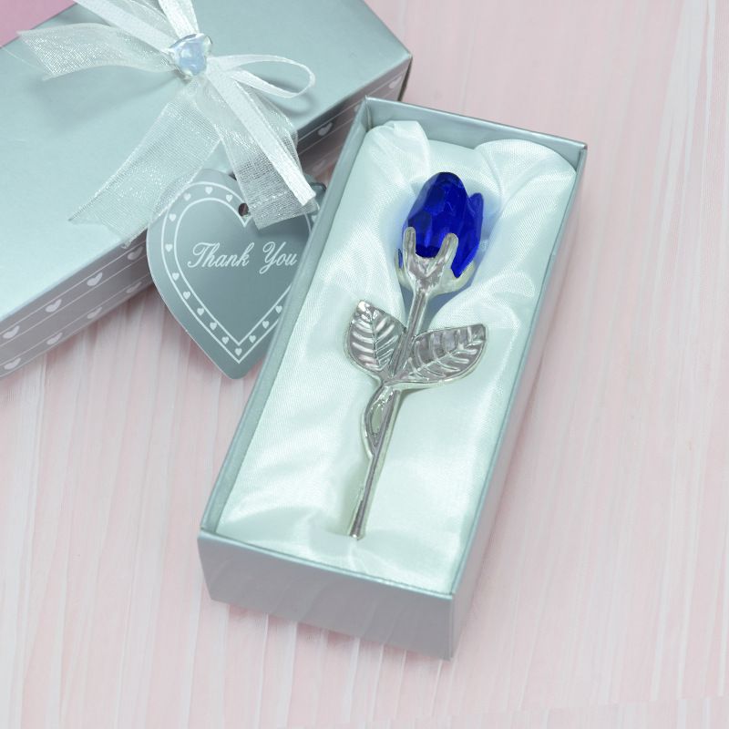 2 Set of Blue Crystal Rose Flower with Silver Gift Box and Silver Plated Stem Leaf – Elegant Crystal & Metal Rose Ornament | Wedding Party Gift, Valentine's Day & Anniversary Keepsake