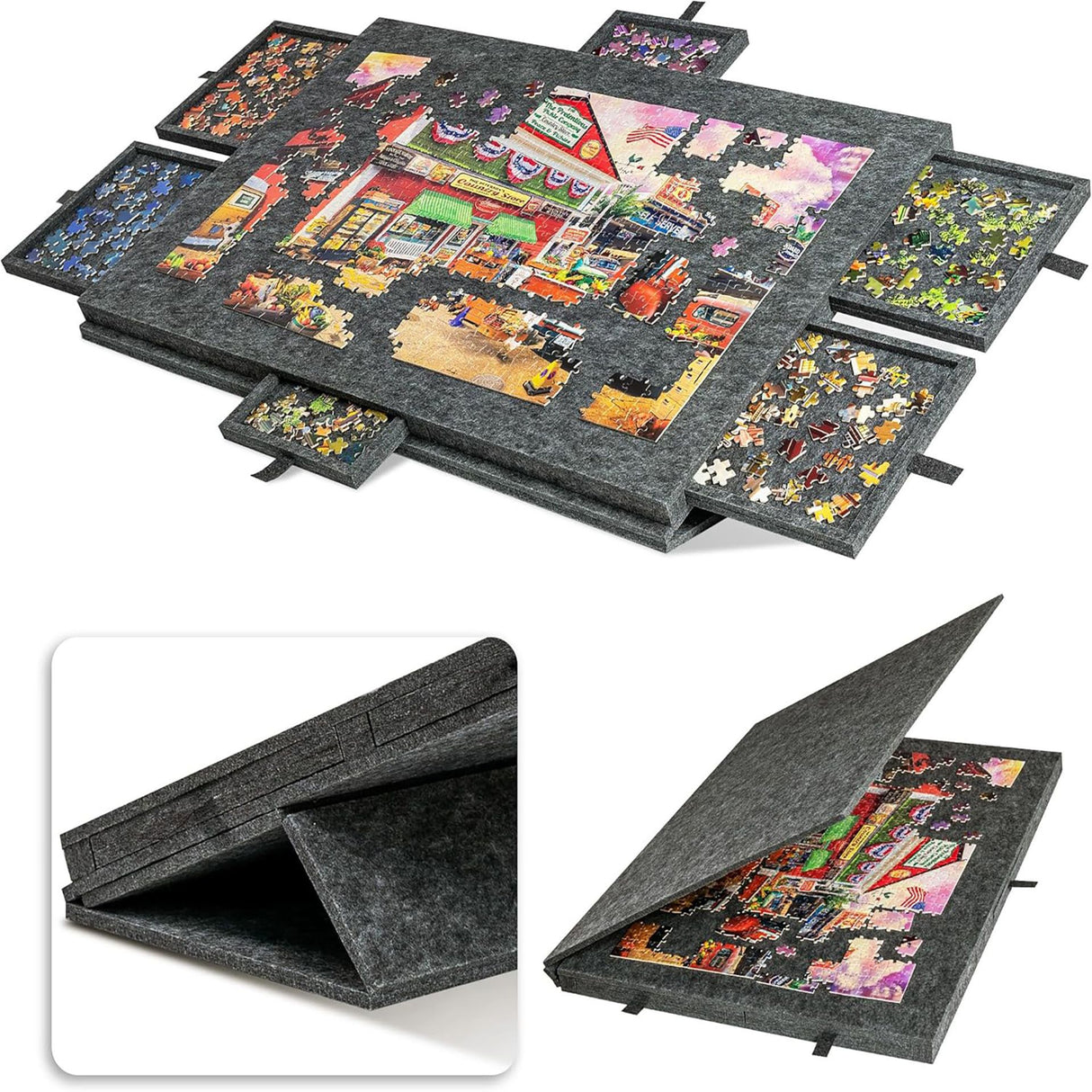 Dark Grey Foldable Anti-Slip Felt Jigsaw Puzzle Board with 6 Sorting Drawers – Lightweight 1000 Piece Puzzle Table Mat, 2-in-1 Neck-Friendly Storage Stand and Protective Cover for Unfinished Puzzle