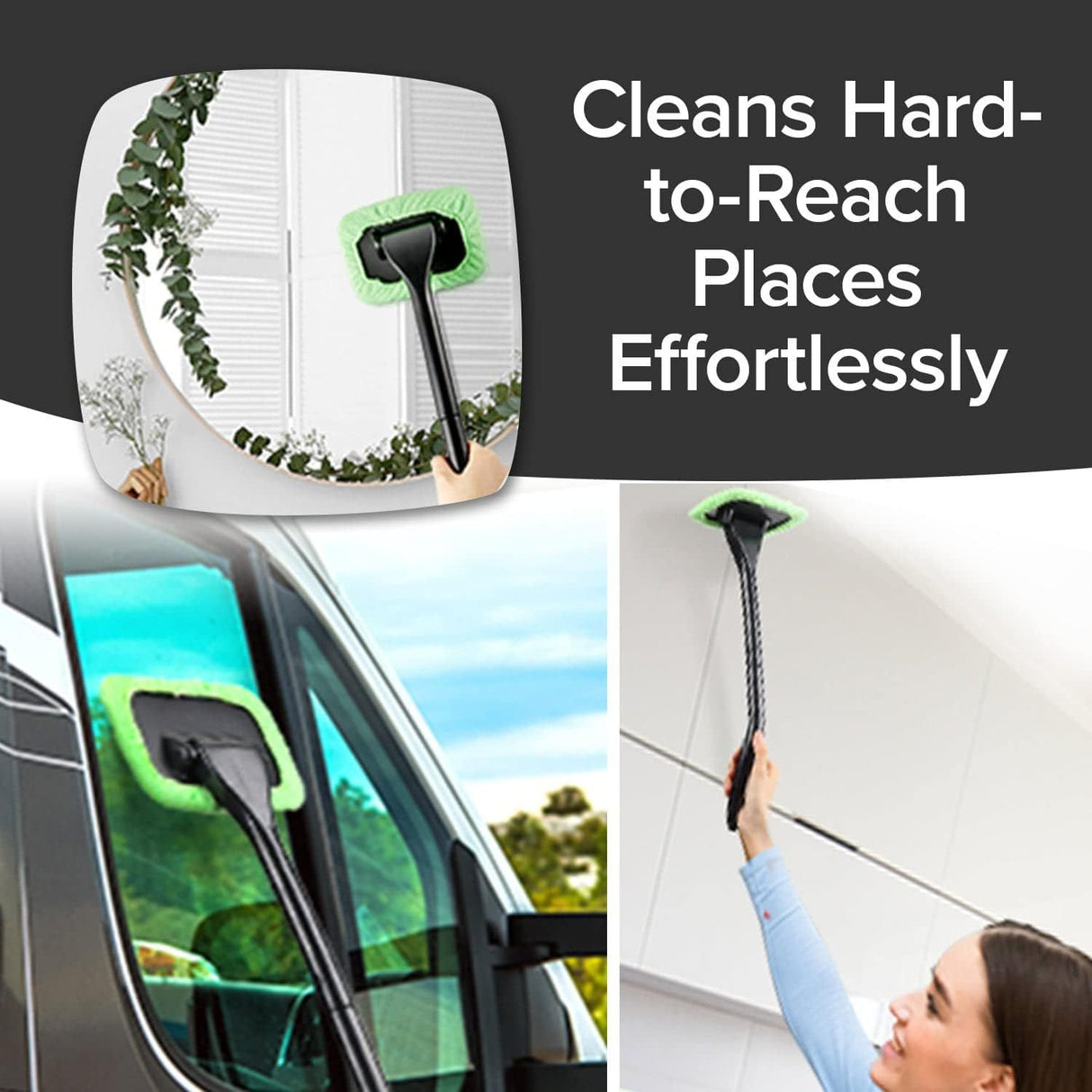Car Windshield Rotating Defogger Cleaner Brush with 4 Washable Microfibre Pads, Spray Bottle and Detachable Handle for Home Car Fog Dust Stain Removal