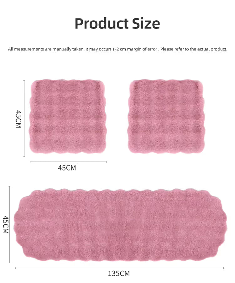 2-Piece Winter Warm Non-Slip Car Interior Comfort Combo with Pink Soft Bubble Fleece 3D Fluffy Car Seat Cushion and Black Plush Steering Wheel Cover, Universal Dia 38CM