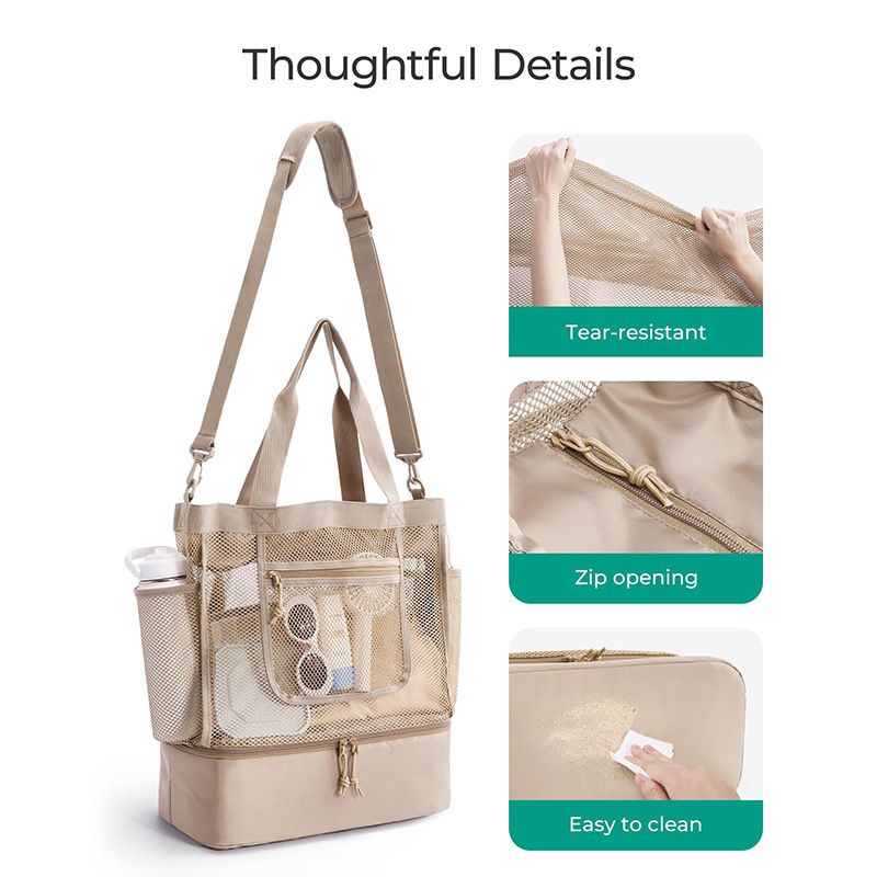 16.5 x 7.9 x 18.9" Khaki Beach Travel Mesh Tote Bag with 14L Insulated Drink Compartment - Multi Pockets Sandproof Beach Picnic Bag with Picnic Mat Strap, Cup Holder and Waterproof Phone Pocket
