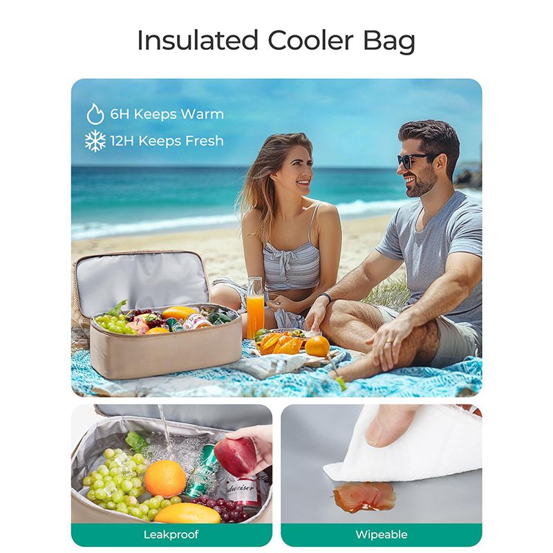 16.5 x 7.9 x 18.9" Khaki Beach Travel Mesh Tote Bag with 14L Insulated Drink Compartment - Multi Pockets Sandproof Beach Picnic Bag with Picnic Mat Strap, Cup Holder and Waterproof Phone Pocket