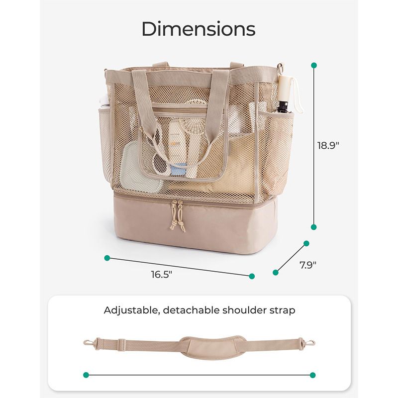 16.5 x 7.9 x 18.9" Light Blue Beach Travel Mesh Tote Bag with 14L Insulated Drink Compartment - Multi Pockets Sandproof Beach Picnic Bag with Picnic Mat Strap, Cup Holder and Waterproof Phone Pocket