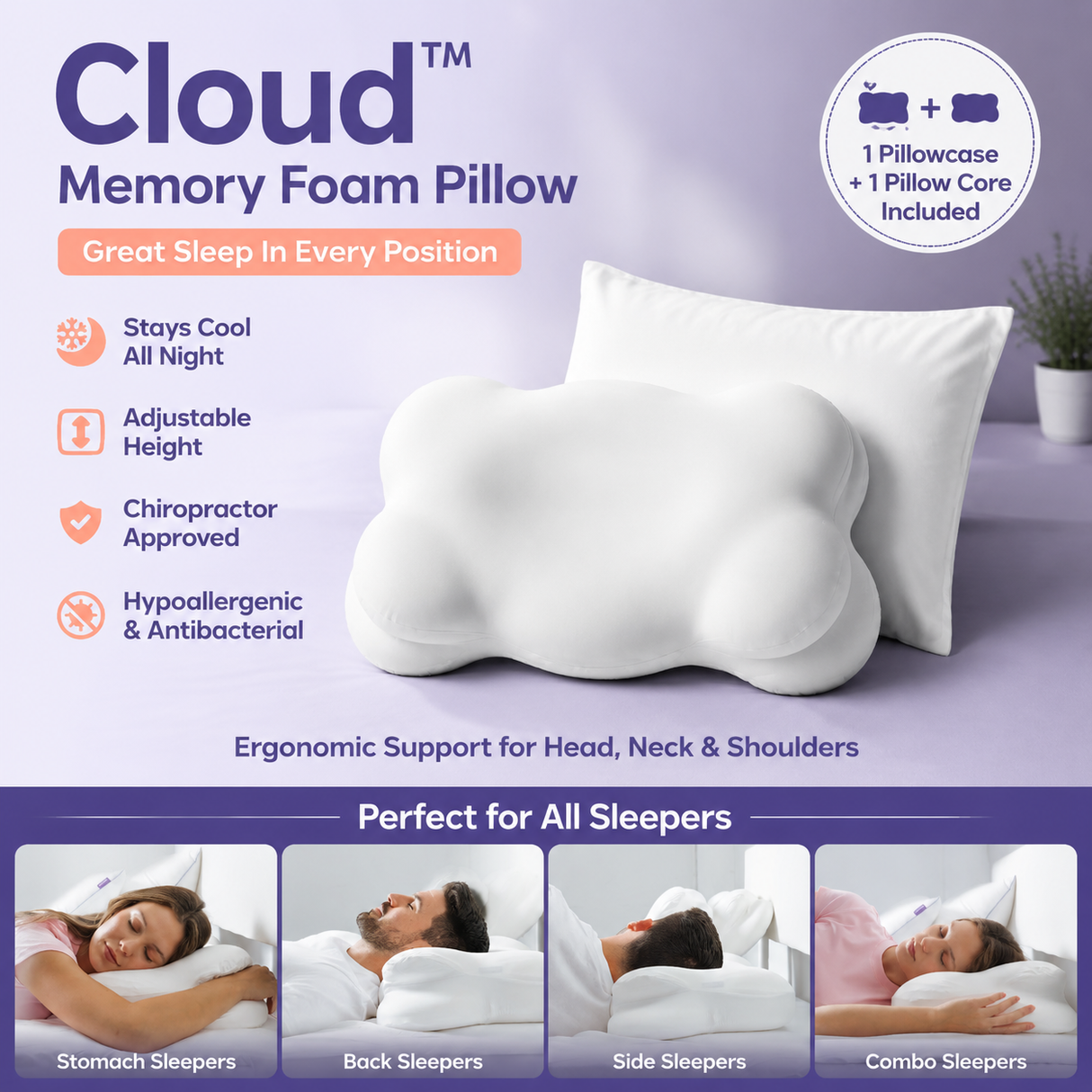 White Cloud Memory Foam Cervical Support Pillow Core and Cover (60 x 30 x 10CM) – Ergonomic Neck Orthopedic Contour Pillow for Side Back & Stomach Sleepers, Deep Sleeping and Pressure Relieving