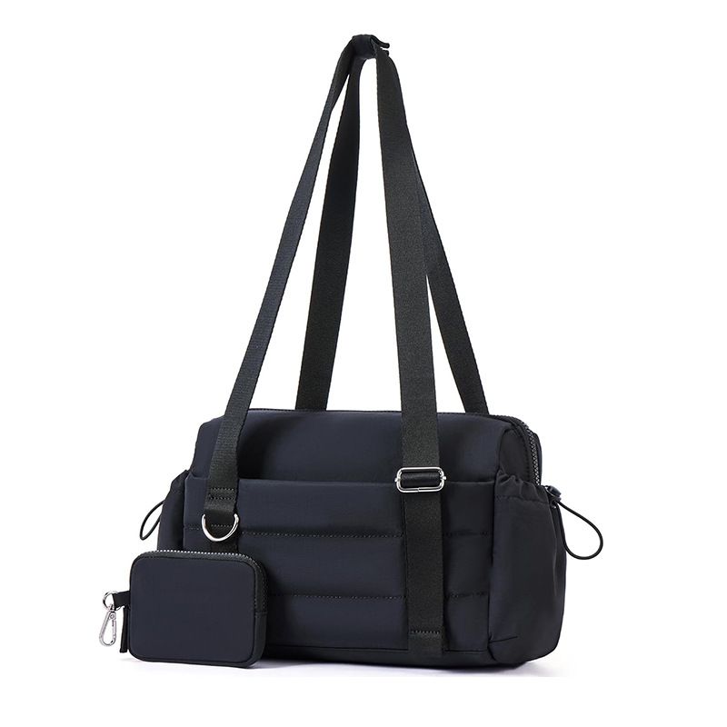 Black Women’s Fluffy Nylon Gym Travel Tote Bag and Coin Purse Set - Side Drawstring Cup Holder, Front / Back Zipper Pockets and Wet & Dry Separation, Large Capacity and Lightweight 11.7 x 4.2 x 8"