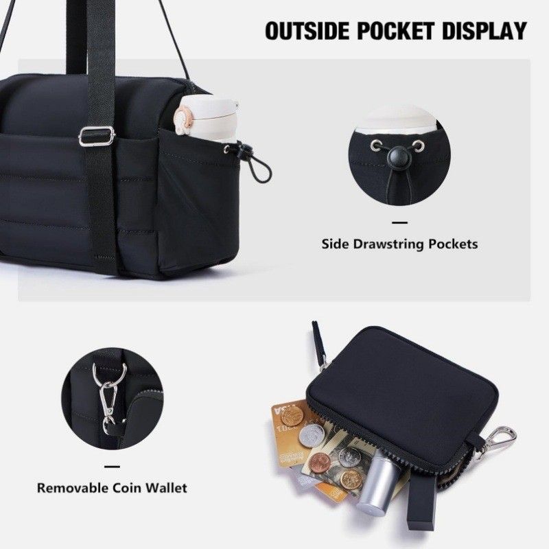 Black Women’s Fluffy Nylon Gym Travel Tote Bag and Coin Purse Set - Side Drawstring Cup Holder, Front / Back Zipper Pockets and Wet & Dry Separation, Large Capacity and Lightweight 11.7 x 4.2 x 8"