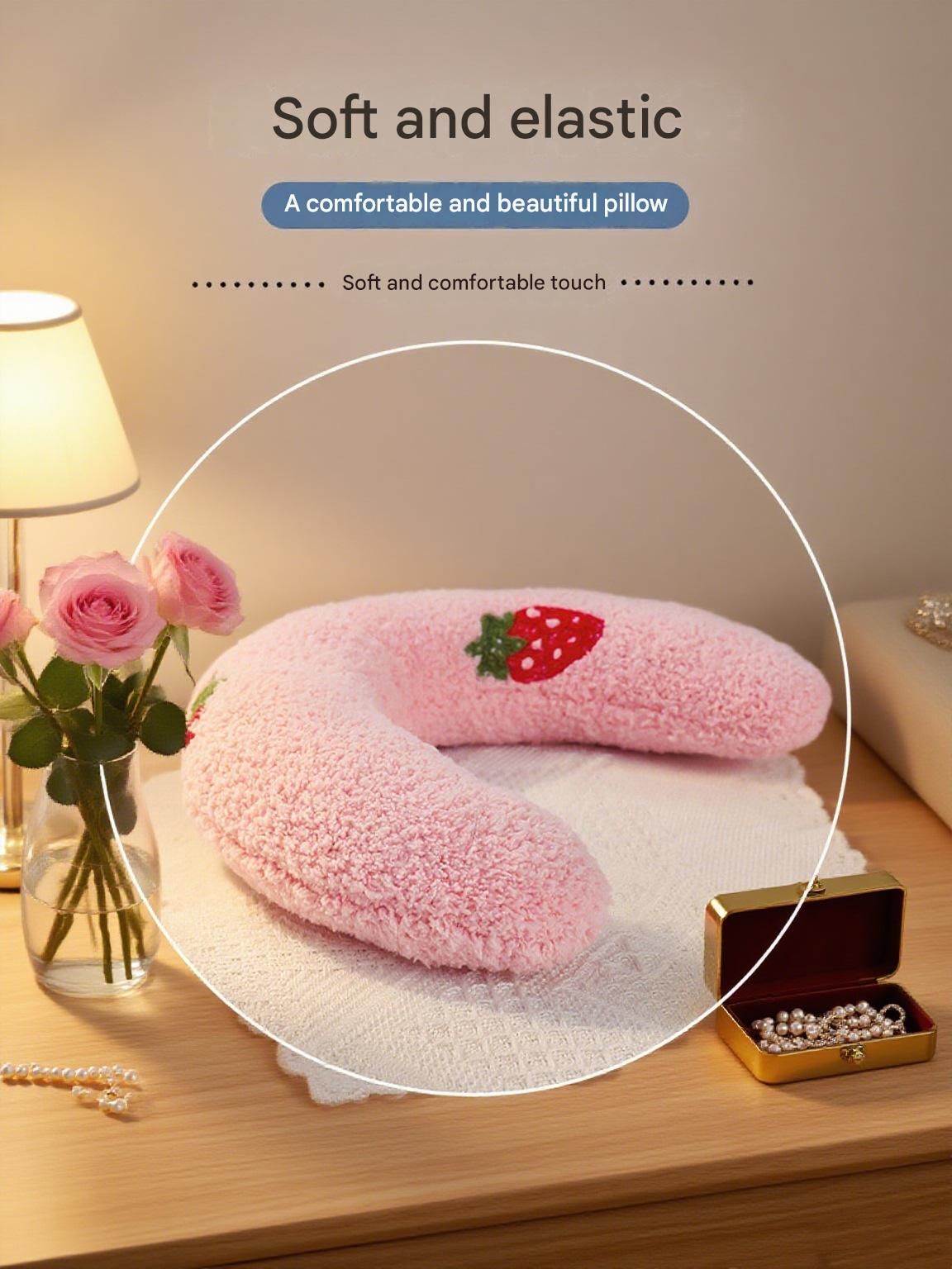 Pink Pet U-Shaped Pillow - Soft Teddy Velvet Neck Support Cushion for Dogs and Cats, Deep Sleep Aid with Embroidered Design, Lightweight and Comfortable Pet Bed Accessory