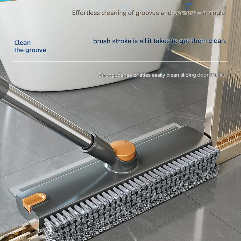 Grey Floor Scrub Brush with V-Shaped Bristles - 360 Degree Rotating Long Handle Gap Cleaner for Bathroom Tiles, Grout and Corners, Heavy Duty Scraper and Brush Combo for Homes