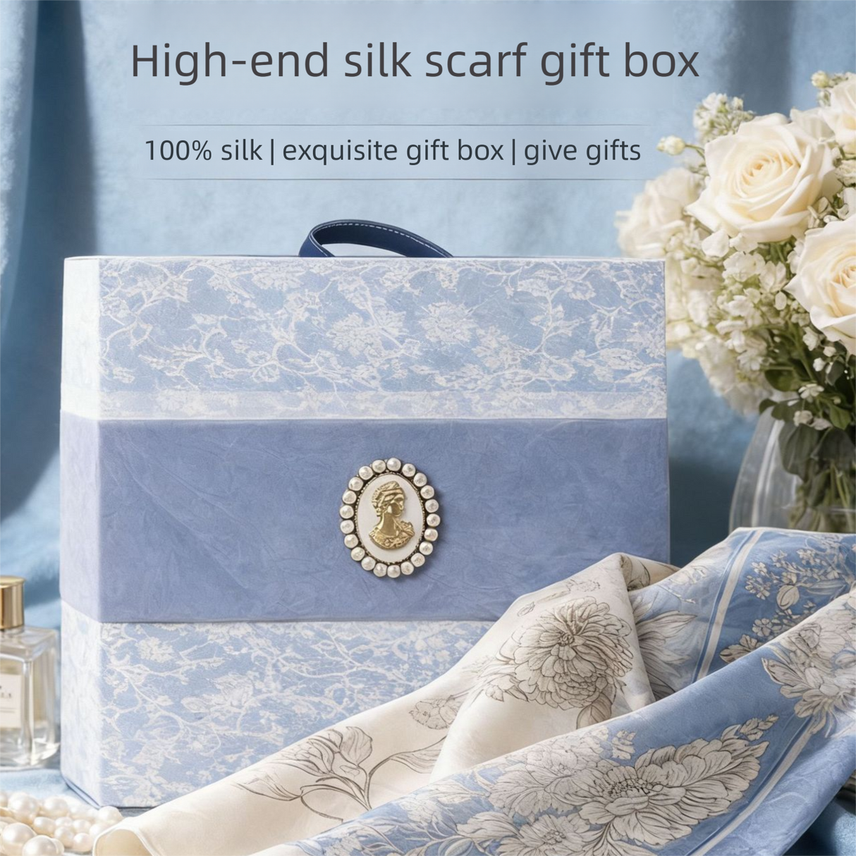 Mulberry Silk Square Scarf for Women - 53x53cm Floral Print Neck Scarf with Gift Box, Soft Lightweight Silk Headscarf for Birthday, Anniversary - Elegant Gift for Mum, Grandma, Teachers