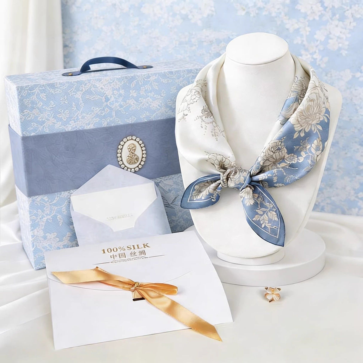Mulberry Silk Square Scarf for Women - 53x53cm Floral Print Neck Scarf with Gift Box, Soft Lightweight Silk Headscarf for Birthday, Anniversary - Elegant Gift for Mum, Grandma, Teachers
