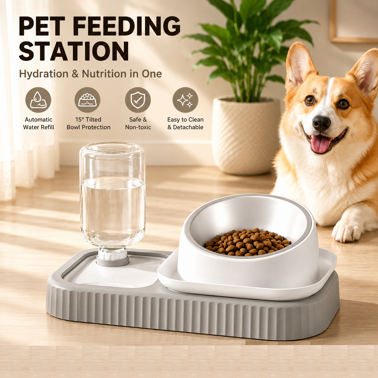 Grey and White Cat & Dog Feeding Station with Water Dispenser – Elevated Stainless Steel Pet Bowl Set with Slow Feeder, Anti-Spill Design and Automatic Water Supply