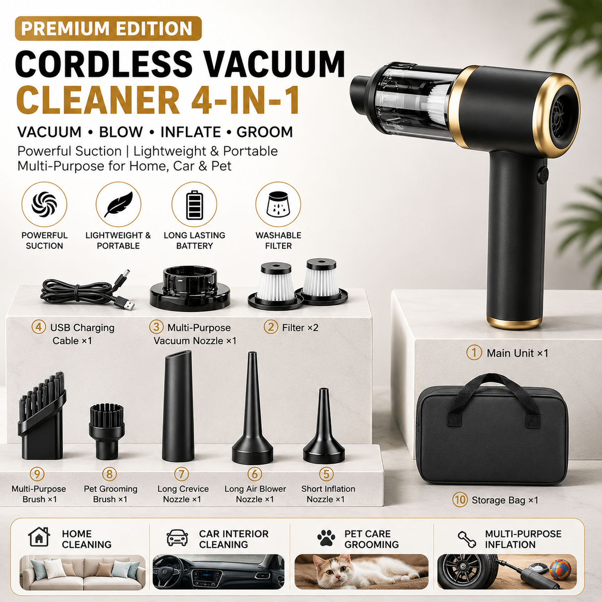 Black Handheld Cordless set Vacuum Cleaner Air Duster 4-in-1 Mini Vacuum Blower Rechargeable Portable Auto Home Cleaning Tool with Storage Case