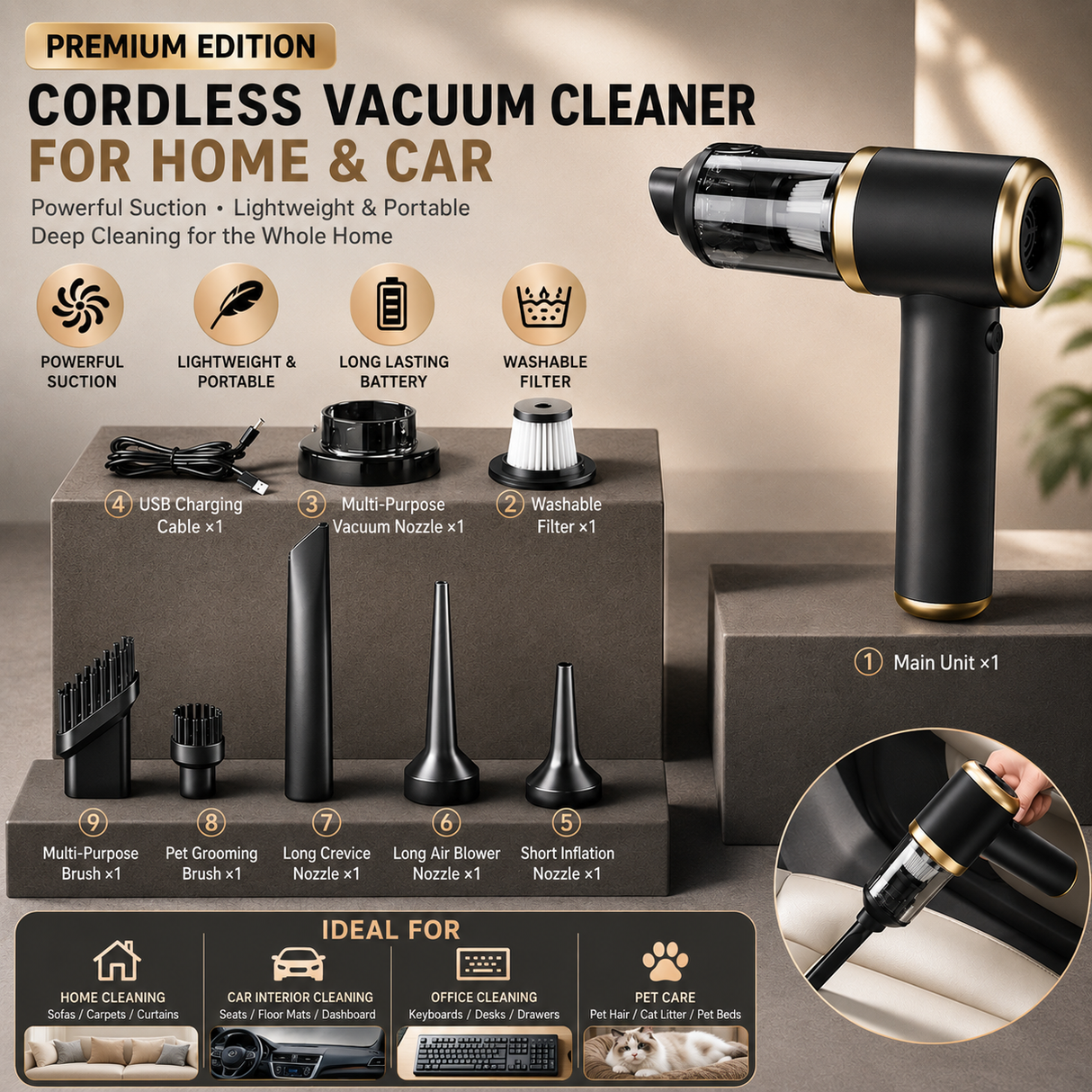 Black Handheld Cordless Vacuum Cleaner Air Duster 4-in-1 Mini Vacuum Blower Rechargeable Portable Auto Home Cleaning Tool