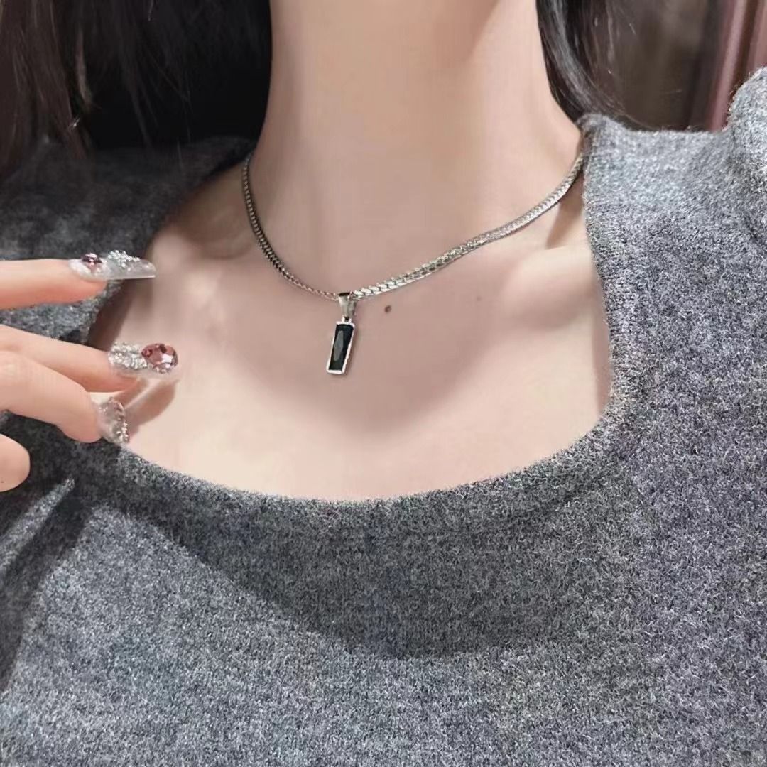 Black Zircon Bar Pendant Necklace 40cm+5cm for Men, Stainless Steel Cuban Chain Necklace, Minimalist Hip Hop Street Style Jewellery