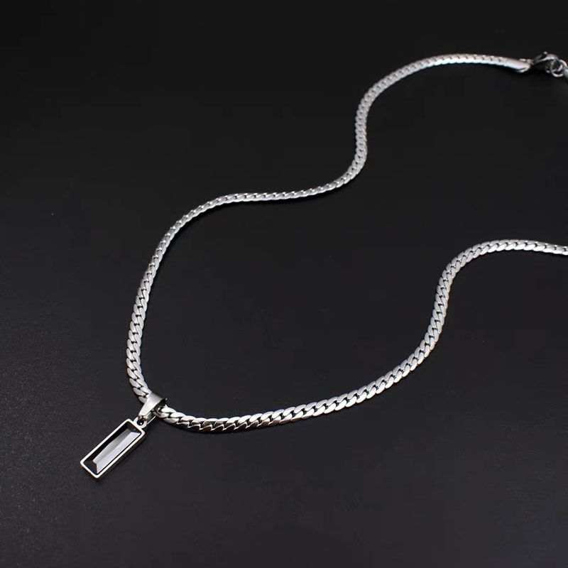 Black Zircon Bar Pendant Necklace 40cm+5cm for Men, Stainless Steel Cuban Chain Necklace, Minimalist Hip Hop Street Style Jewellery