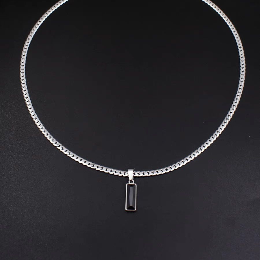 Black Zircon Bar Pendant Necklace 45cm+5cm for Men, Stainless Steel Cuban Chain Necklace, Minimalist Hip Hop Street Style Jewellery