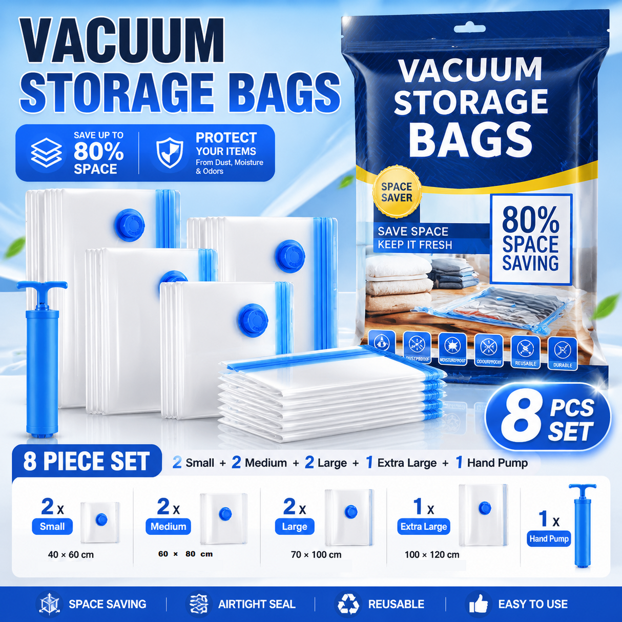 8-piece Vacuum Storage Bags Set(2 small, 2 medium, 2 large, 1 extra large, 1 hand pump)- Heavy Duty Space Saving Compression Bags for Clothes Quilts Bedding Moisture Proof Wardrobe Organisation Travel Storage Reusable Durable Seal